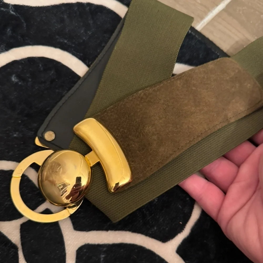 Suede elastic back Olive green Belt With Gold Circular Buckle Size M/L